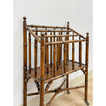 Load image into Gallery viewer, Vintage Magazine Rack English Canterbury Dark Faux Bamboo Wheels Rare Find
