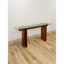 Load image into Gallery viewer, Vintage MCM Danish Teak Puzzle Console Table Glass Top Mid Century Entry Table
