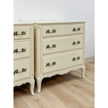 Load image into Gallery viewer, Vintage Pair of Chests French Provincial White 3 Drawer Cabriole Leg Nightstands

