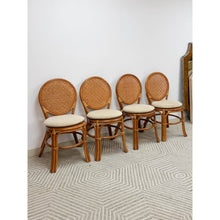 Load image into Gallery viewer, Cane Rattan Round Dining Chair Set Four Cushion Coastal Hollywood Regency
