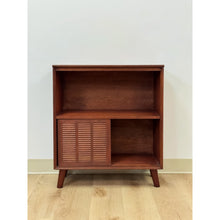 Load image into Gallery viewer, Vintage Handmade MCM Style End Table, Red Stained Wood Sliding Doors, Book Case
