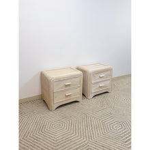 Load image into Gallery viewer, Pair of Vintage Pencil Reed Rattan Nightstand Coastal Hollywood Regency Tables
