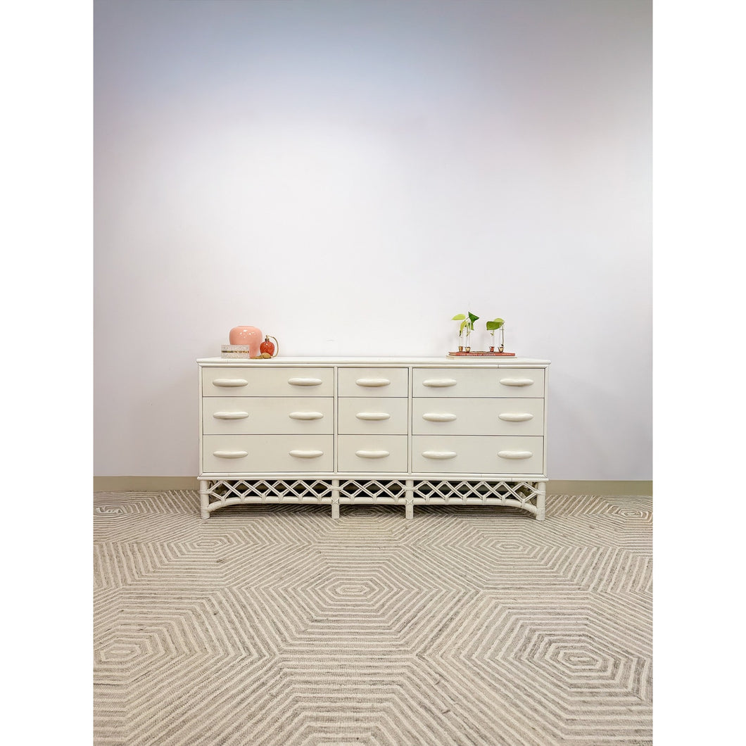 Vintage White Rattan 9-Drawer Dresser Old Florida Ficks Reed Style MCM  Coastal