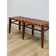 Load image into Gallery viewer, Vintage Bench Woven Leather Wood Two Seater Rustic MCM Entryway Accent Seat
