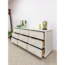 Load image into Gallery viewer, Vintage White Wicker 9 Drawer Dresser with Glass Top Coastal Bedroom Storage
