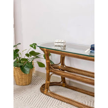 Load image into Gallery viewer, Vintage Coastal Curved Twisted Pencil Reed Console Table W/ Thick Glass Oval Top
