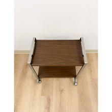 Load image into Gallery viewer, Mid Century Chrome and Wood Laminate Bar Cart, Rolling Serving Cart
