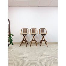 Load image into Gallery viewer, 3 Vintage Coastal Bamboo Barstools Dark Rattan w/ Beige Cushions and Caned Back

