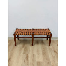 Load image into Gallery viewer, Vintage Bench Woven Leather Wood Two Seater Rustic MCM Entryway Accent Seat
