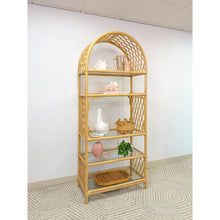 Load image into Gallery viewer, Vintage Arched Rattan Wicker Bamboo Shelf Hollywood Regency Coastal 5 shelves

