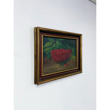Load image into Gallery viewer, Antique Oil Painting Still Life Bowl of Cherries, Gold Frame Art, Green Accents
