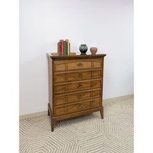 Load image into Gallery viewer, Dixie MCM Tallboy Dresser Woven Drawer Fronts Brass Pulls Vintage Furniture
