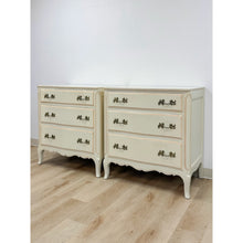 Load image into Gallery viewer, Vintage Pair of Chests French Provincial White 3 Drawer Cabriole Leg Nightstands
