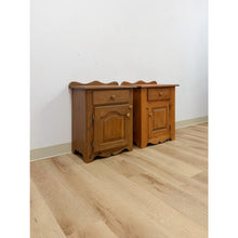 Load image into Gallery viewer, Pair of Rustic Pine Nightstands Drawer Arched Cabinet Door Scalloped European
