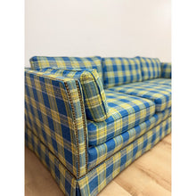 Load image into Gallery viewer, Vintage MCM Retro Plaid Sofa in Electric Blue and Green with Nailhead Trim
